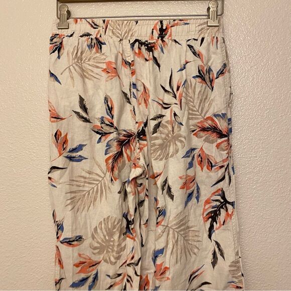 Briggs tropical floral print wide leg Linen pants palazzo tan coastal beach M - Picture 5 of 11